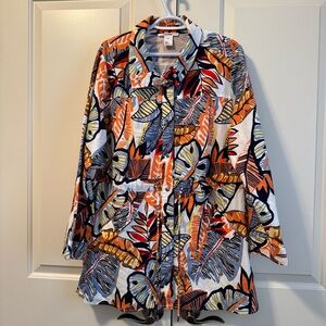 Masseys Colorful Tropical Print Utility Jacket Floral Linen Blend Tie Waist Plus